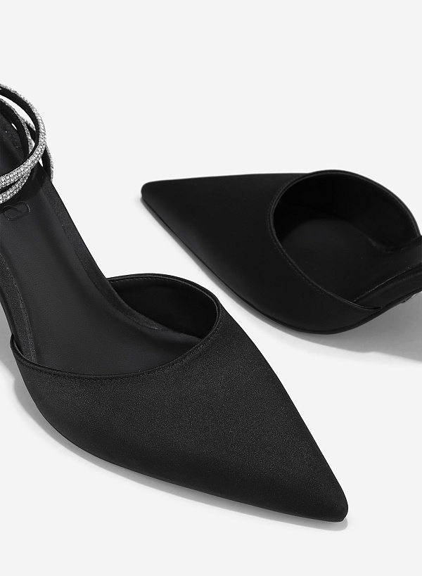 Point-Toe Sparkle Ankle Strap Pumps - HIG 0646 - Black - VASCARA