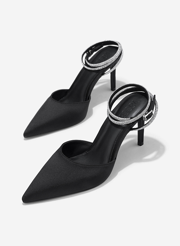 Point-Toe Sparkle Ankle Strap Pumps - HIG 0646 - Black - VASCARA