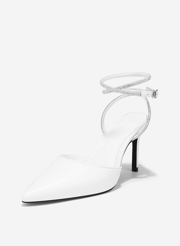 Point-Toe Sparkle Ankle Strap Pumps - HIG 0646 - White - VASCARA