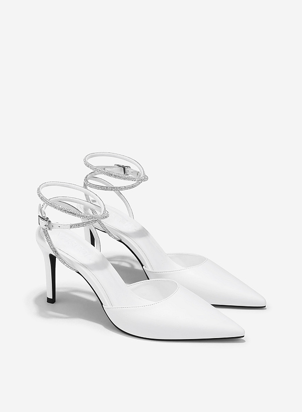 Point-Toe Sparkle Ankle Strap Pumps - HIG 0646 - White - VASCARA