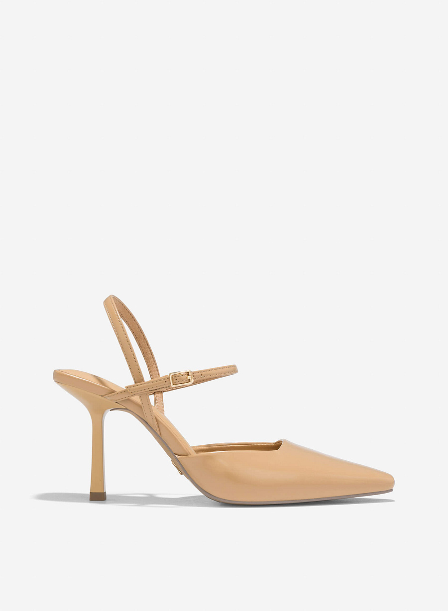 Pointed Toe Ankle Strap Pumps - HIG 0664 - Beige - vascara.com