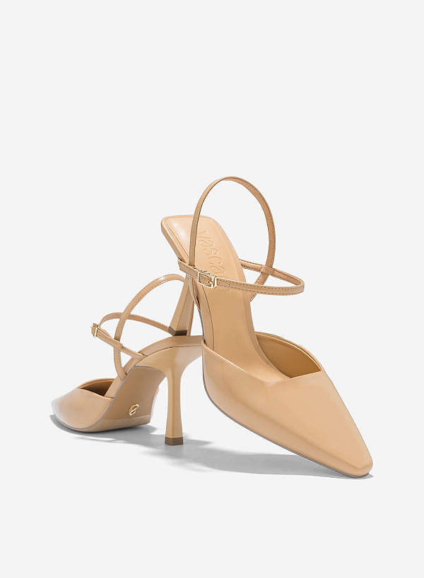 Pointed Toe Ankle Strap Pumps - HIG 0664 - Beige - VASCARA