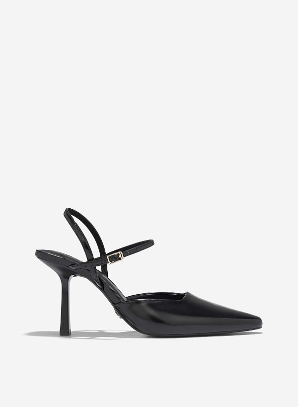 Pointed Toe Ankle Strap Pumps - HIG 0664 - Black