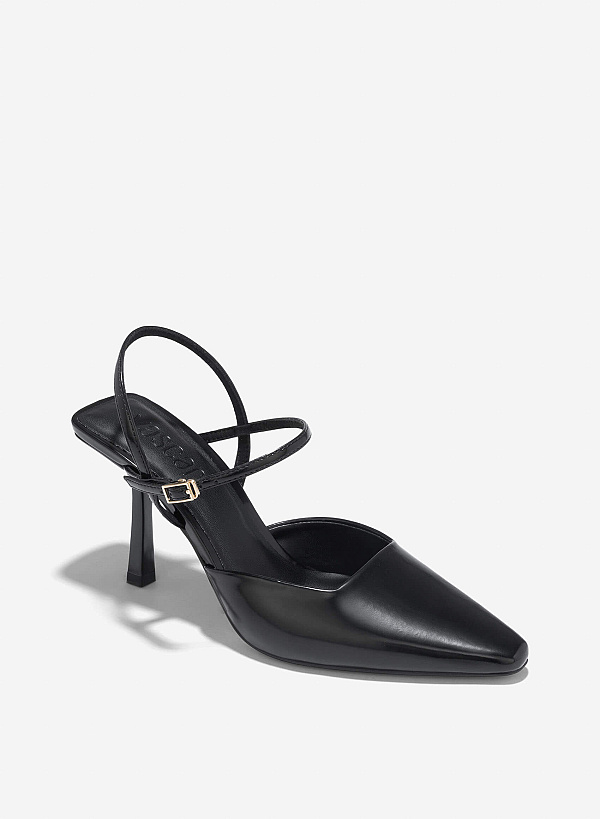 Pointed Toe Ankle Strap Pumps - HIG 0664 - Black - VASCARA