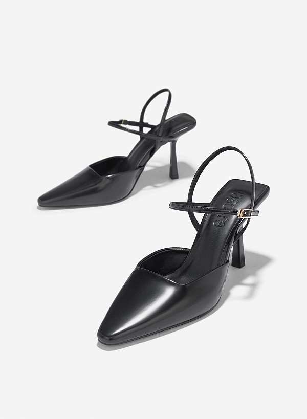 Pointed Toe Ankle Strap Pumps - HIG 0664 - Black - VASCARA