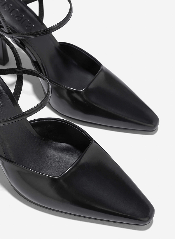 Pointed Toe Ankle Strap Pumps - HIG 0664 - Black - VASCARA