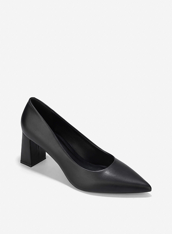 Pointed Toe Block Heel Pumps - HIG 0663 - Black - VASCARA