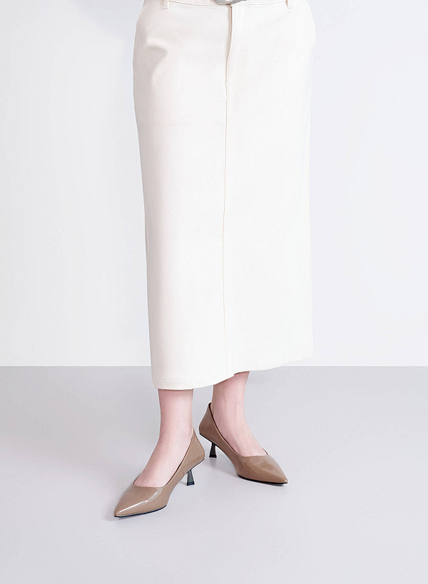 Pointed Toe Kitten Heel Pumps - HIG 0666 - Dark Beige - VASCARA