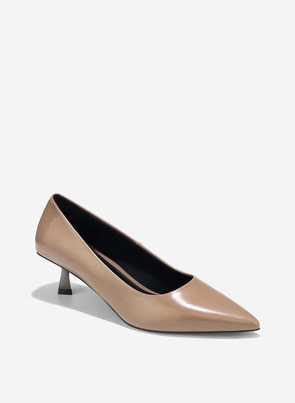 Pointed Toe Kitten Heel Pumps - HIG 0666 - Dark Beige - VASCARA