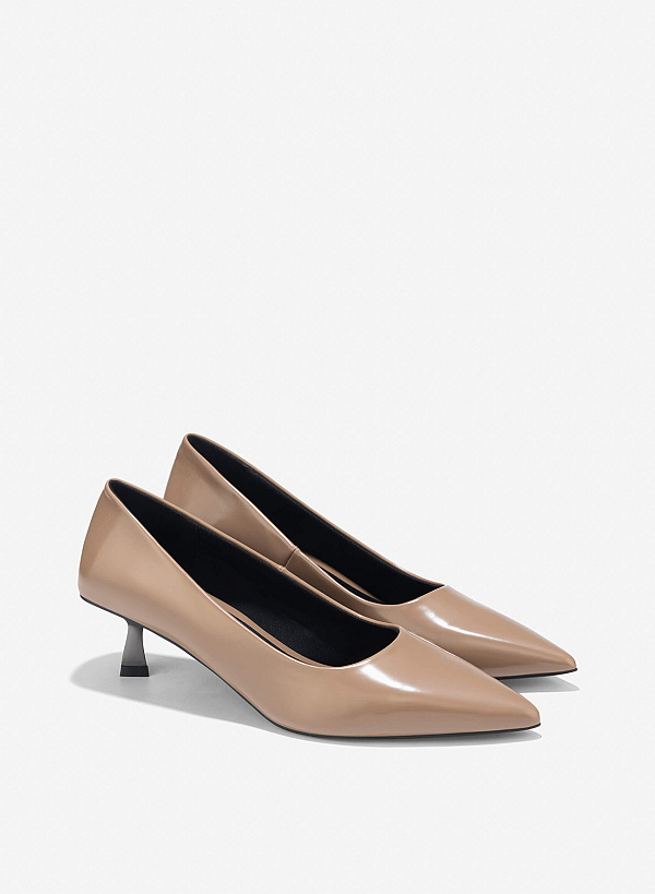 Pointed Toe Kitten Heel Pumps - HIG 0666 - Dark Beige - VASCARA