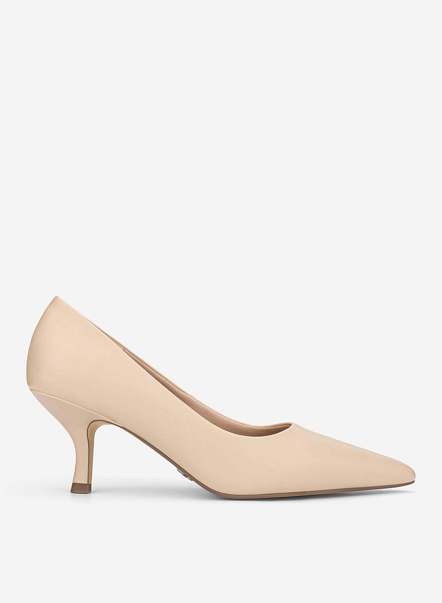 Pointed Toe Kitten Heel Pumps - HIG 0720 - Beige - vascara.com