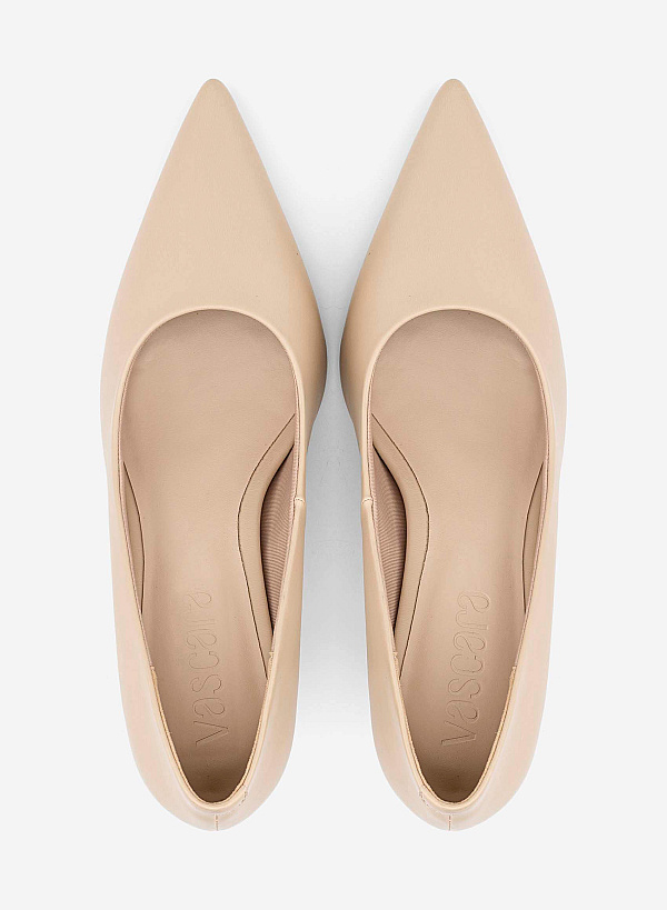 Pointed Toe Kitten Heel Pumps - HIG 0720 - Beige - VASCARA
