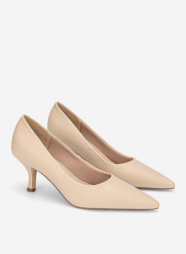 Pointed Toe Kitten Heel Pumps - HIG 0720 - Beige - VASCARA