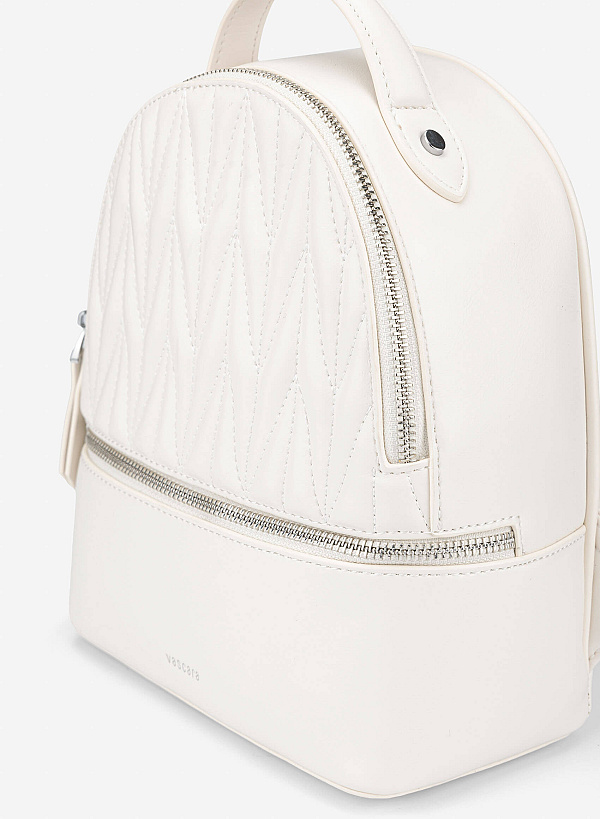Quilted Zipper Detail Mini Backpack - BAK 0219 - Cream - VASCARA
