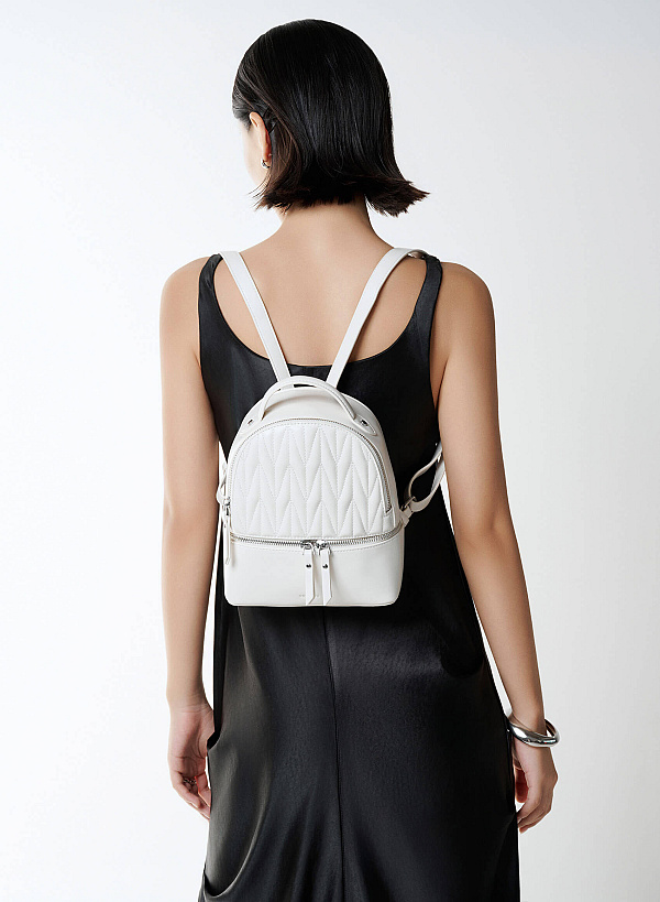 Quilted Zipper Detail Mini Backpack - BAK 0219 - Cream - VASCARA