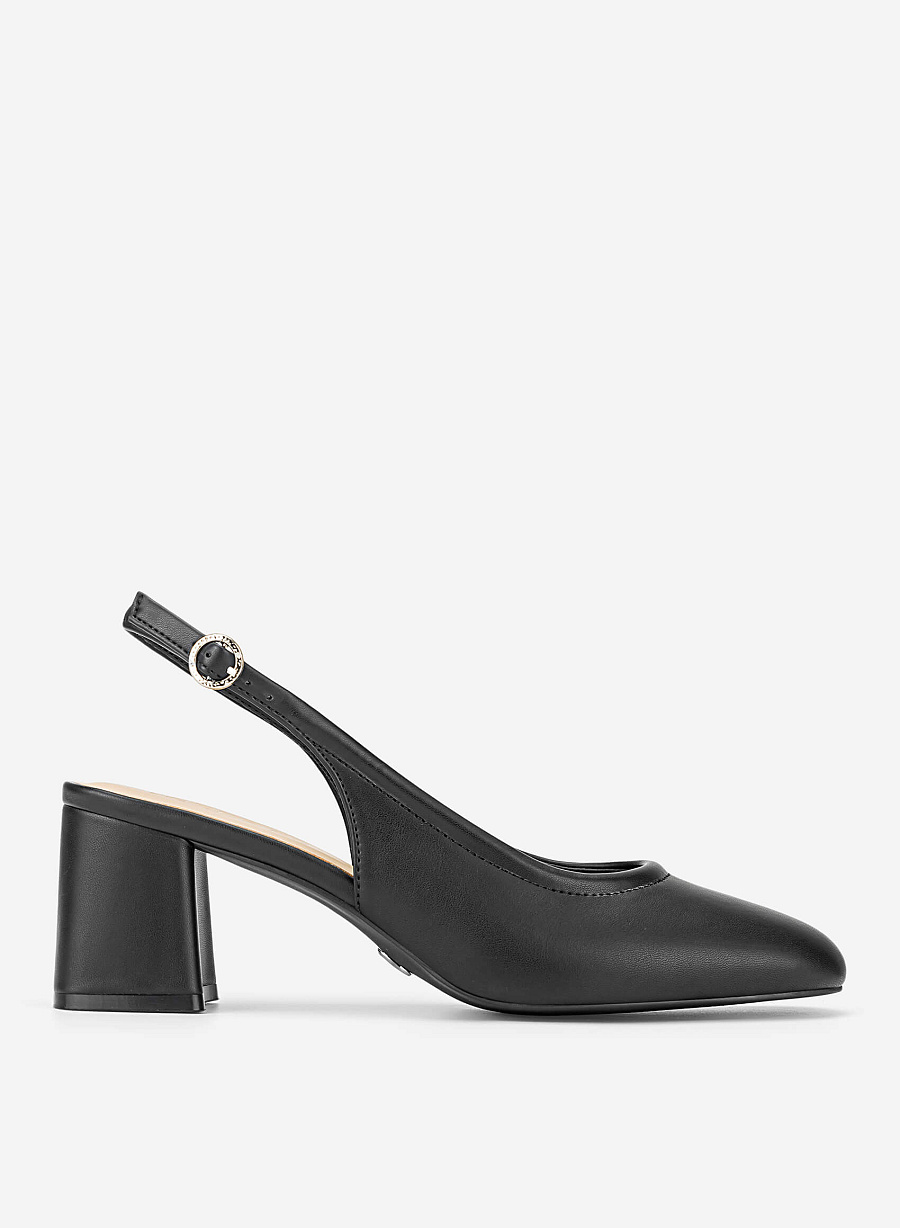 Round Toe Block Heel Slingbacks - HIG 0719 - Black - vascara.com