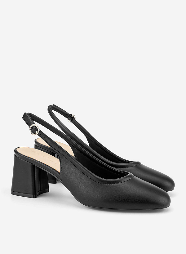 Round Toe Block Heel Slingbacks - HIG 0719 - Black - VASCARA