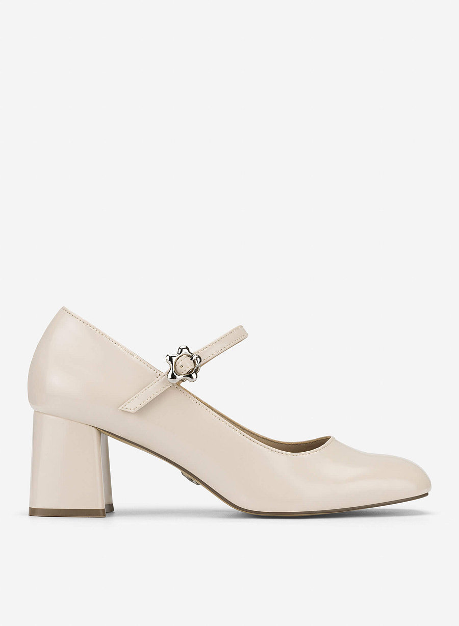 Round Toe Block Heels - HIG 0710 - Cream - vascara.com