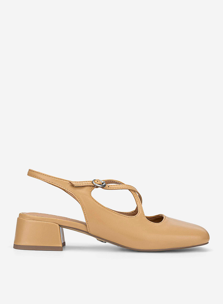 Round Toe Cross Strap Slingbacks - HIG 0714 - Beige - vascara.com