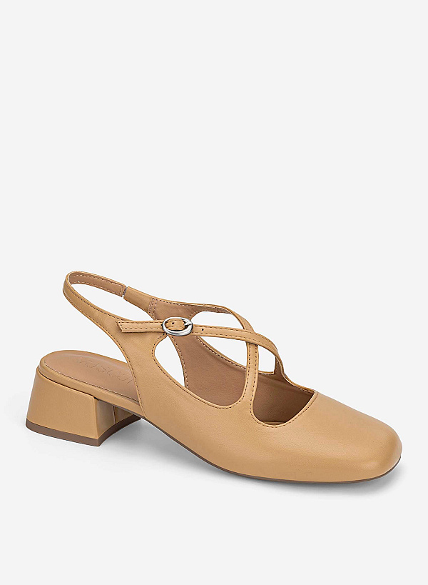 Round Toe Cross Strap Slingbacks - HIG 0714 - Beige - VASCARA