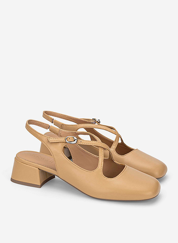 Round Toe Cross Strap Slingbacks - HIG 0714 - Beige - VASCARA