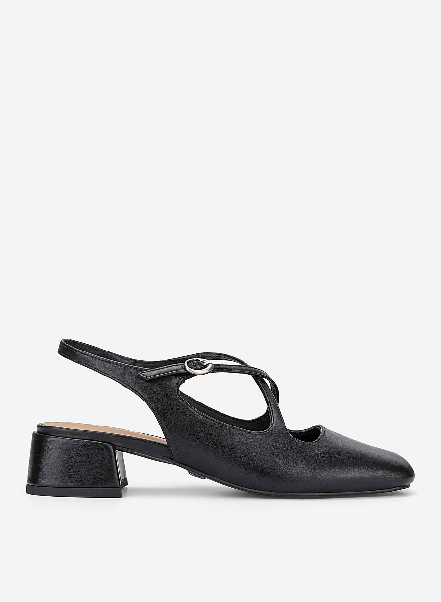 Round Toe Cross Strap Slingbacks - HIG 0714 - Black - vascara.com