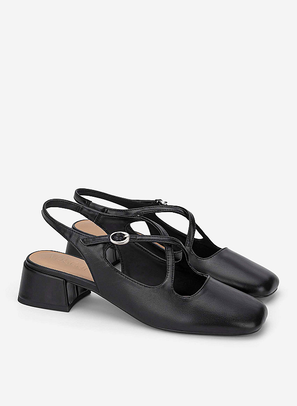 Round Toe Cross Strap Slingbacks - HIG 0714 - Black - VASCARA