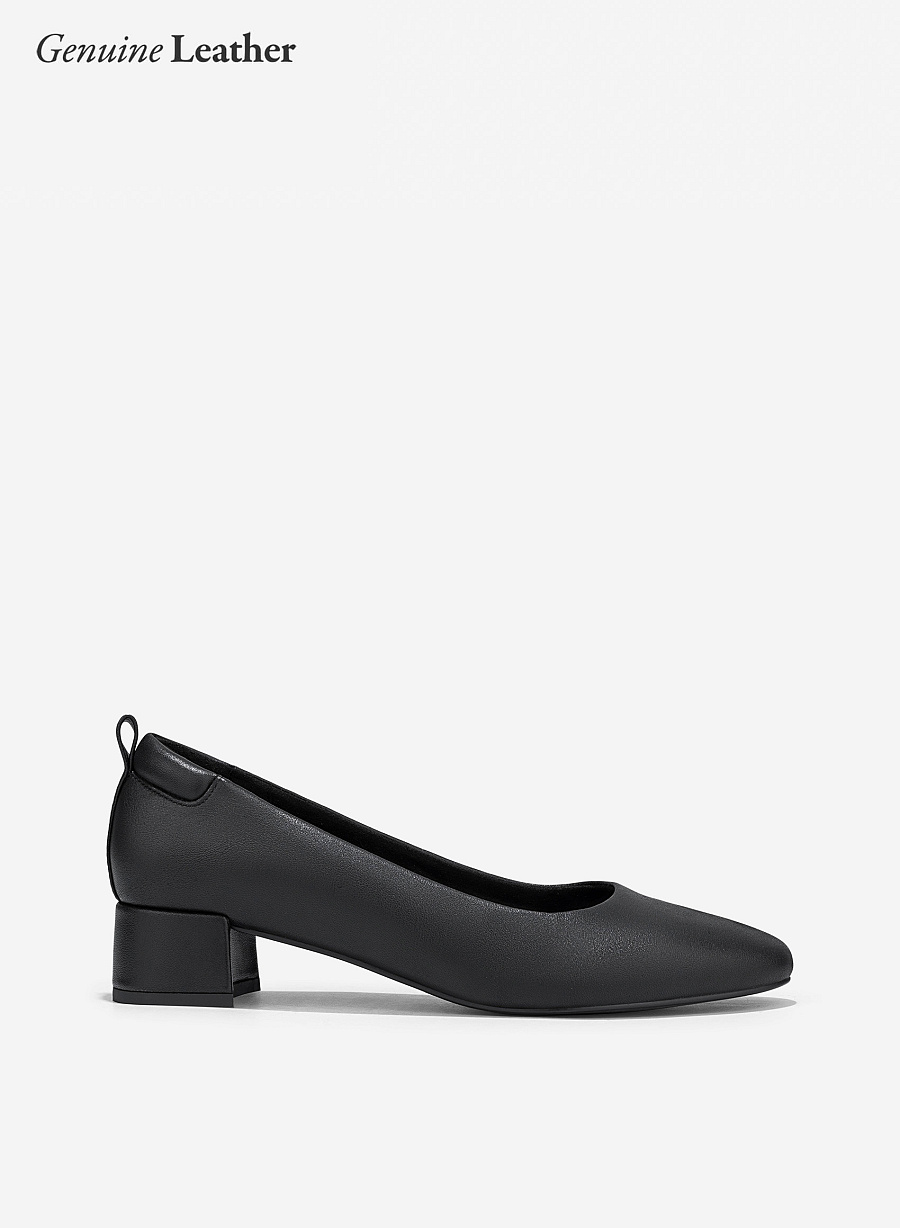 Round Toe Leather Block Heels - HIG 0667 - Black - vascara.com