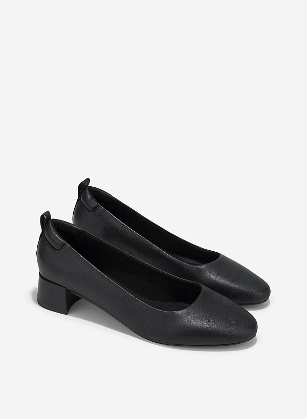 Round Toe Leather Block Heels - HIG 0667 - Black - VASCARA