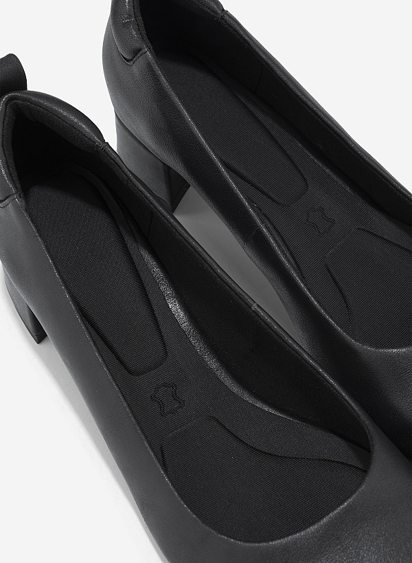 Round Toe Leather Block Heels - HIG 0667 - Black - VASCARA