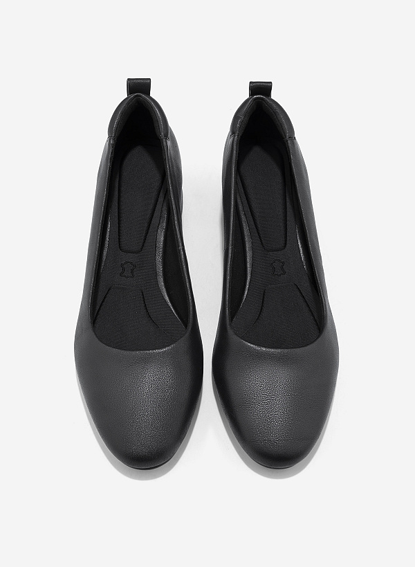 Round Toe Leather Block Heels - HIG 0667 - Black - VASCARA