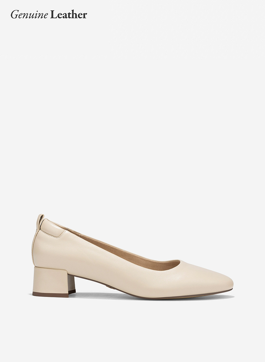 Round Toe Leather Block Heels - HIG 0667 - Cream - vascara.com
