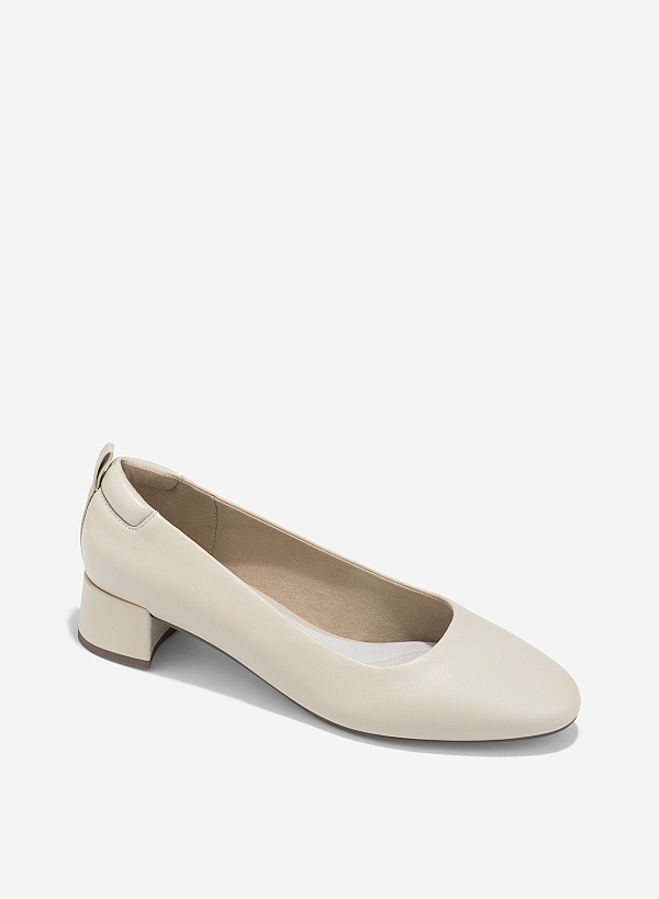 Round Toe Leather Block Heels - HIG 0667 - Cream - VASCARA