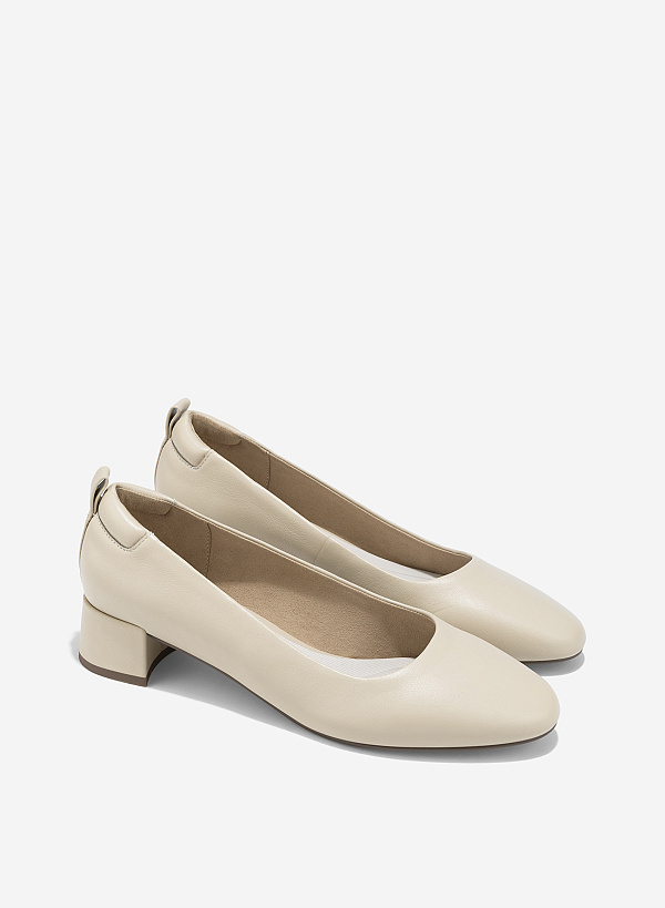Round Toe Leather Block Heels - HIG 0667 - Cream - VASCARA