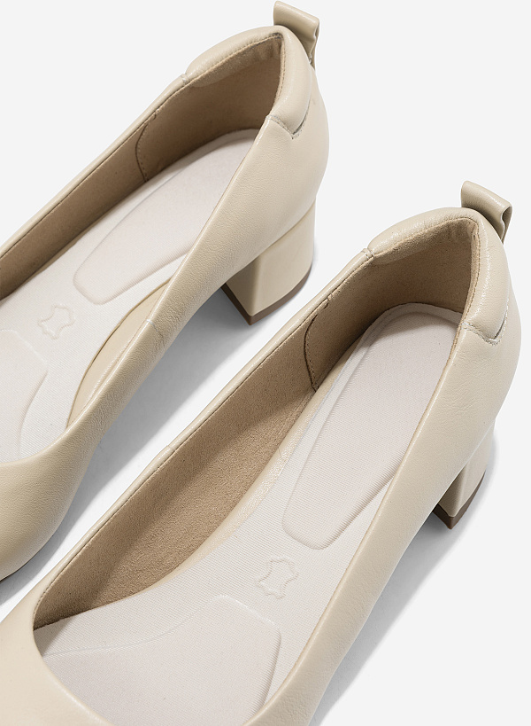 Round Toe Leather Block Heels - HIG 0667 - Cream - VASCARA