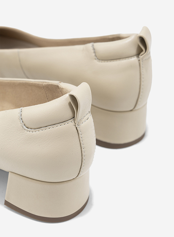 Round Toe Leather Block Heels - HIG 0667 - Cream - VASCARA