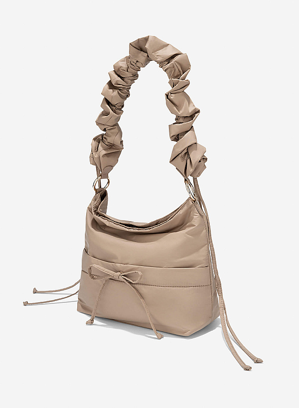 Ruching Drawstring Strap Parachute Fabric Shoulder Bag - TTE 0171 - Beige - VASCARA