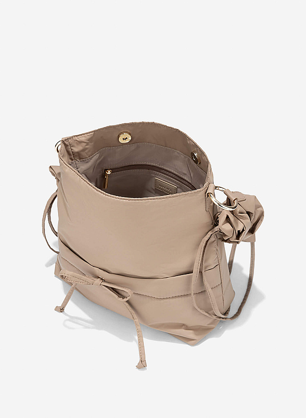 Ruching Drawstring Strap Parachute Fabric Shoulder Bag - TTE 0171 - Beige - VASCARA