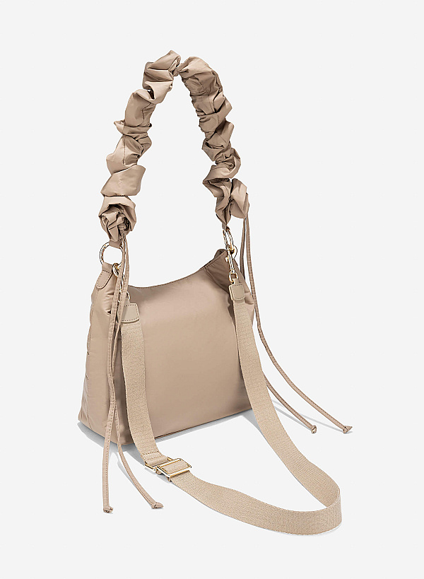 Ruching Drawstring Strap Parachute Fabric Shoulder Bag - TTE 0171 - Beige - VASCARA
