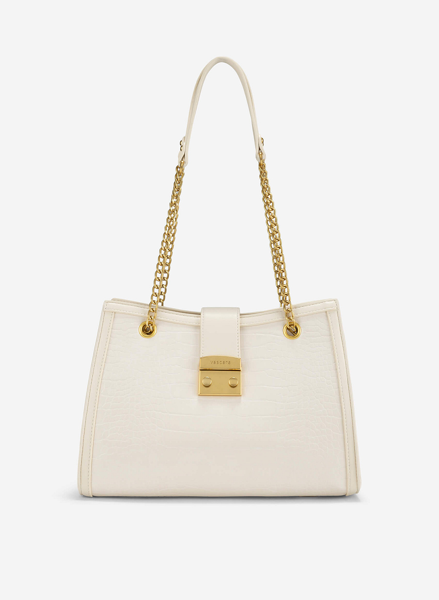 Snap Lock Crocodile Pattern Shoulder Bag - TTE 0166 - Cream - vascara.com