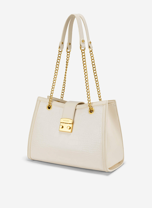 Snap Lock Crocodile Pattern Shoulder Bag - TTE 0166 - Cream - VASCARA