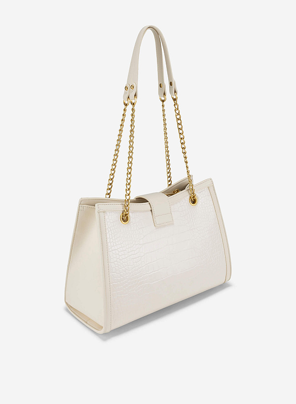 Snap Lock Crocodile Pattern Shoulder Bag - TTE 0166 - Cream - VASCARA