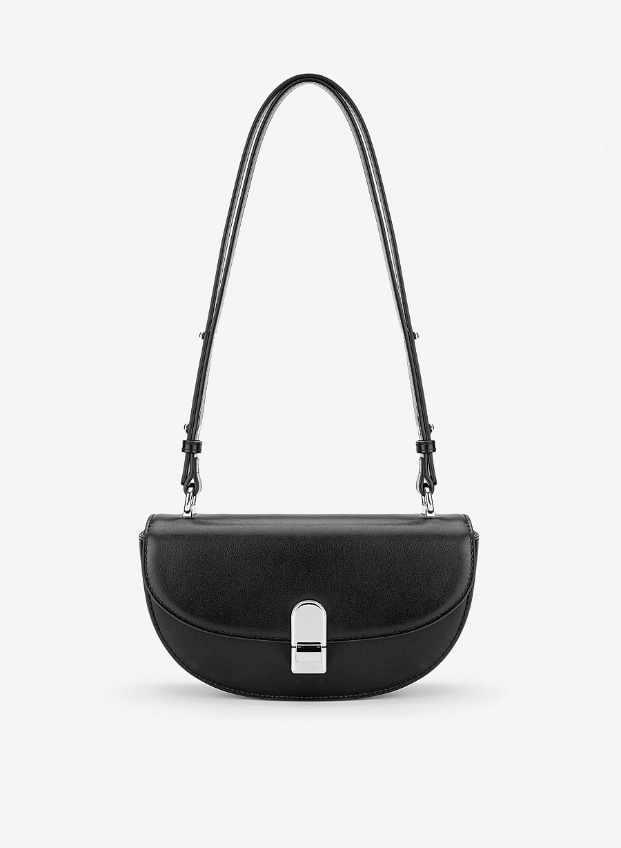 Snap Lock Half-Moon Shoulder Bag - MES 0286 - Black - vascara.com