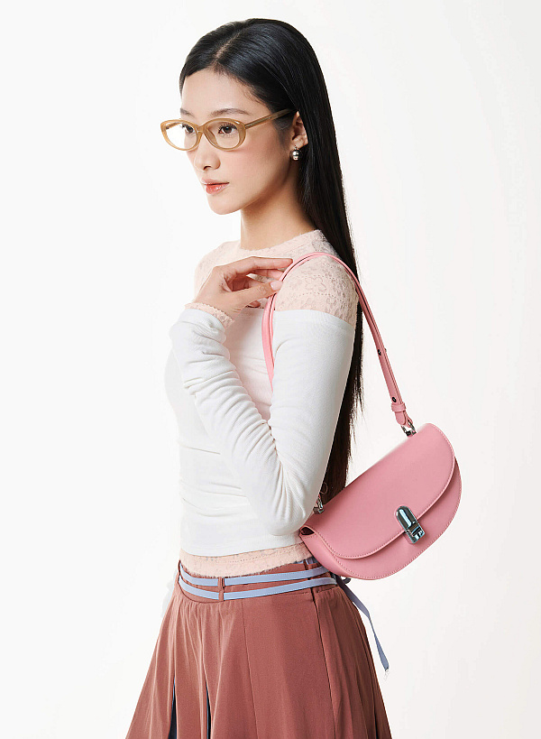 Snap Lock Half-Moon Shoulder Bag - MES 0286 - Black - VASCARA