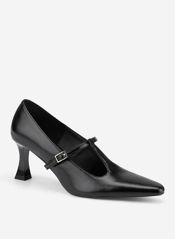 Spool Heel T-strap Pumps - HIG 0700 - Black - VASCARA
