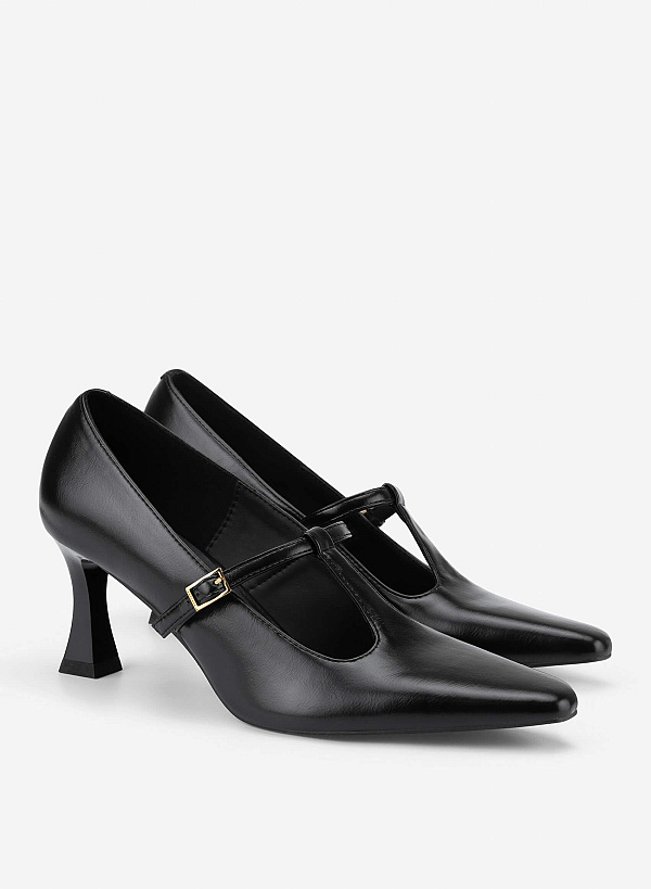 Spool Heel T-strap Pumps - HIG 0700 - Black - VASCARA
