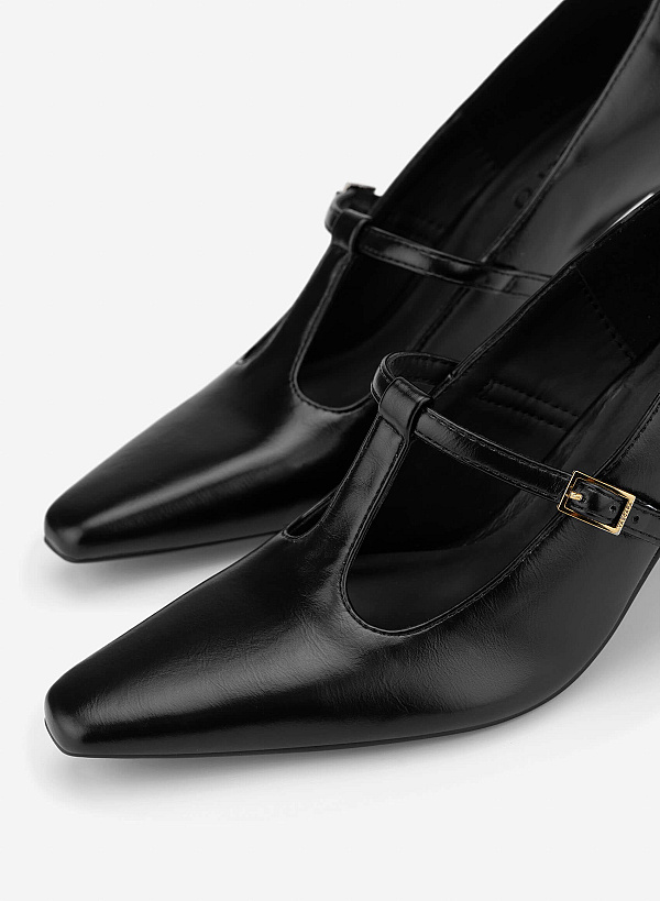 Spool Heel T-strap Pumps - HIG 0700 - Black - VASCARA