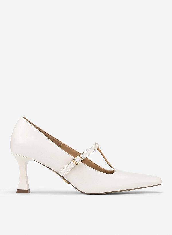 Spool Heel T-strap Pumps - HIG 0700 - Cream