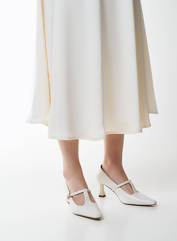 Spool Heel T-strap Pumps - HIG 0700 - Cream - VASCARA