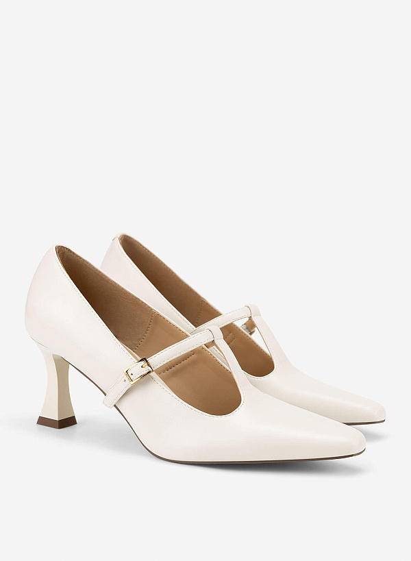 Spool Heel T-strap Pumps - HIG 0700 - Cream - VASCARA